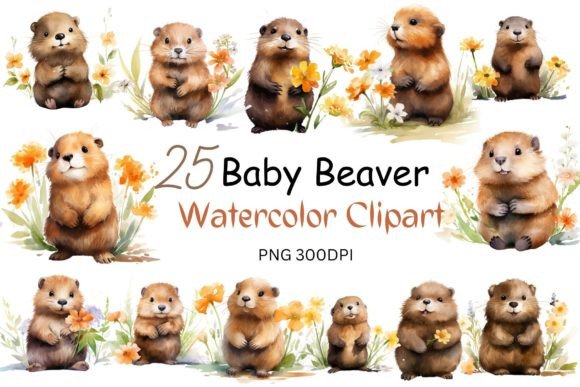Download Watercolor Baby Beaver Clipart Bundle - Bundle Collection