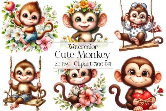 Download Watercolor Cute Monkey Clipart Bundle - Bundle Collection