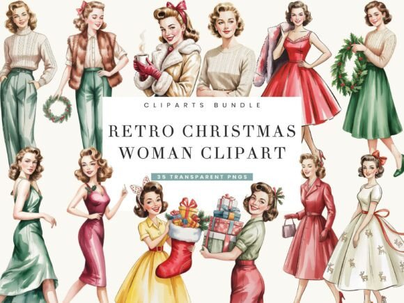 Download Retro Christmas Woman Clipart Bundle - Bundle Collection