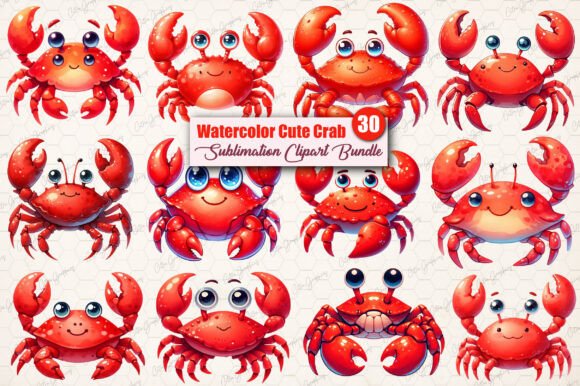Download Watercolor Cute Crab Clipart Bundle. - Bundle Collection